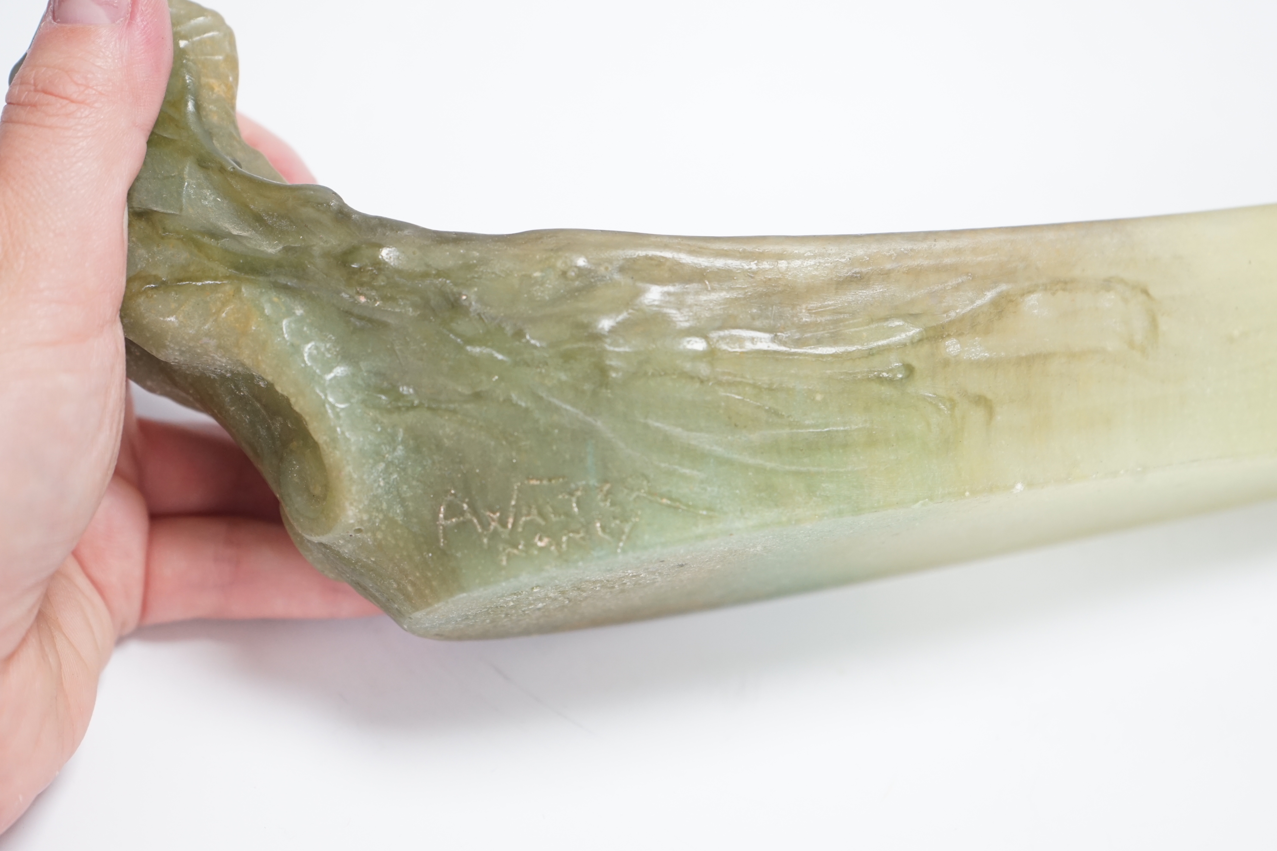 Amalric Walter (1870-1959) and Henri Berge, a pate de verre tray in the form of a long boat with double seahorse figurehead, signed A Walter, 27cm long